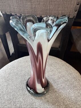Art Glass Vase in White and Mauve with Clear Rim